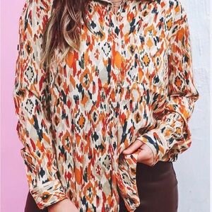beachlunchlounge Cream Ikat-Print Button Down with Orange & Navy Accents